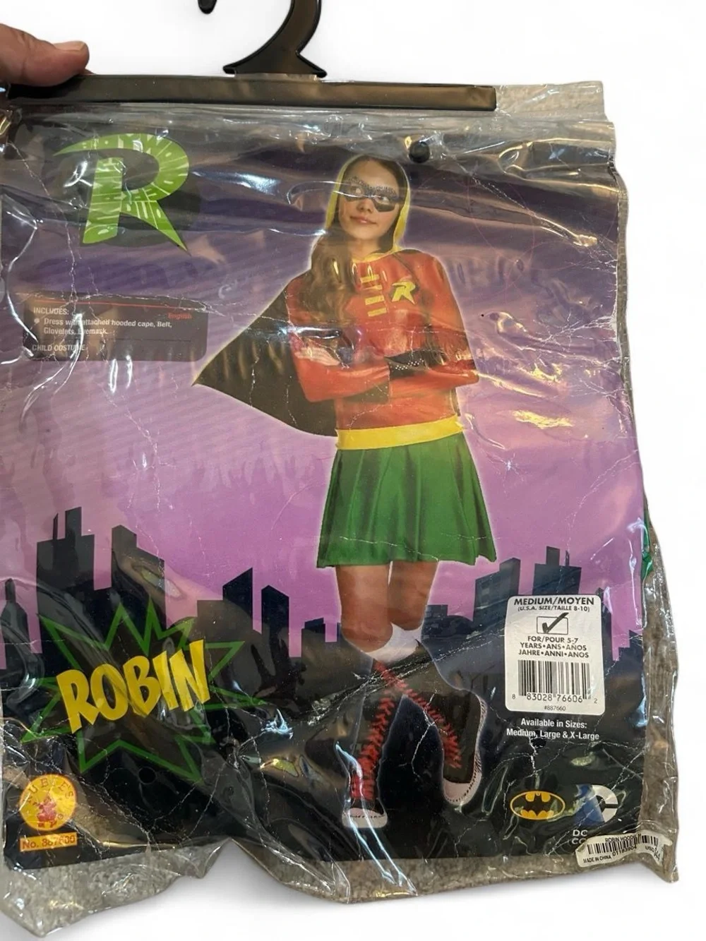 Robin costume for girls size 8-10. Red, black, and yellow with a green skirt.